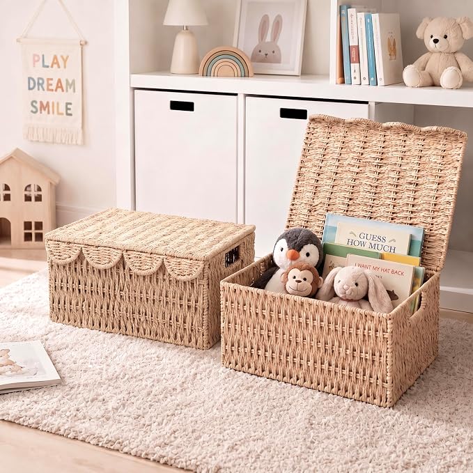 Wicker Basket with Scalloped Edge Lid, Water Hyacinth Storage Basket with Built-in Handles, Handwoven Wicker Box for Living Room, 15" L x 11 ¼" W x 7" H (Paper Rope) - Image 6
