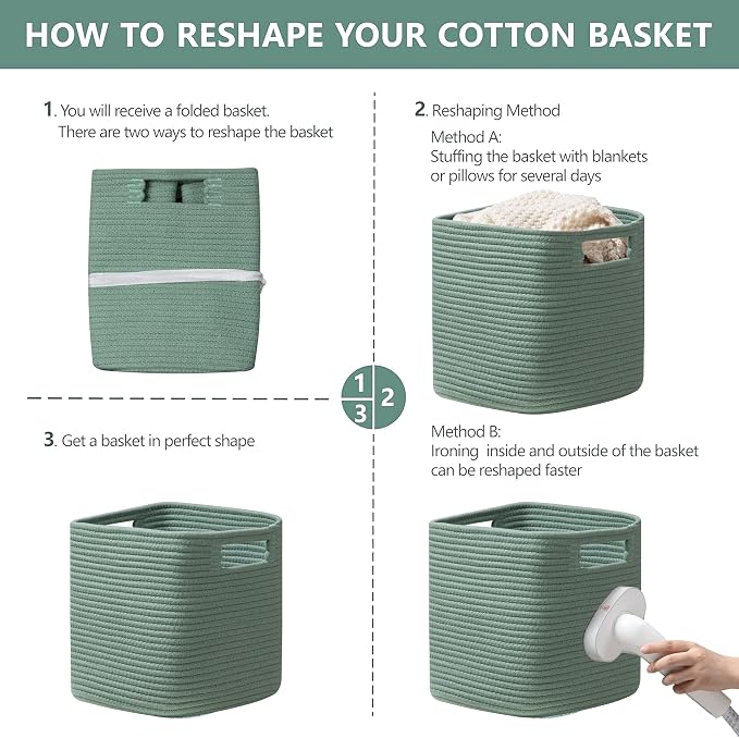 UBBCARE Set of 4 Storage Basket-11 X 10.5 X 10.5 In, Cotton Rope Basket for Shelves, Toys, Book, Cube Storage Bins with Handles, Woven Storage Basket for Organizing, Green - Image 7