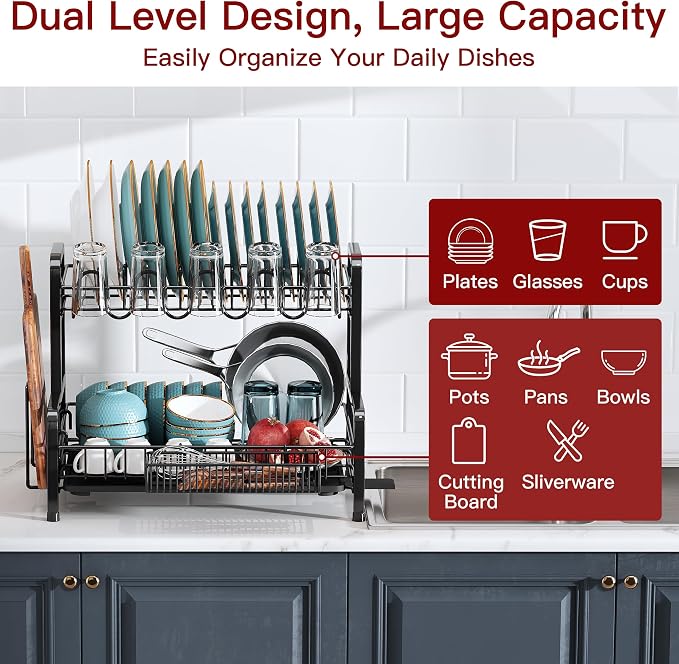 2 Tier Black Stainless Steel Dish Drying Rack for Kitchen Counter | Large Capacity Dish Drainer with Drainboard, Cup & Utensil Holder, Space Saving Rustproof Metal Plate Rack, Fast Drain - Image 3