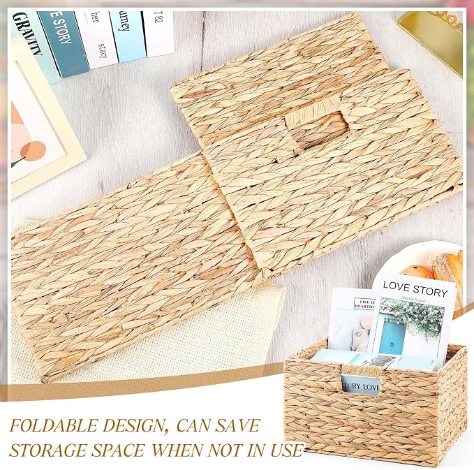 Jinei 12 Pcs Water Hyacinth Storage Baskets 13"x13"x8" Wood Color | Handwoven Wicker Bins with Handles, Wicker Baskets Bulk for Shelves Organizer Laundry, Closet Bedroom - Image 4