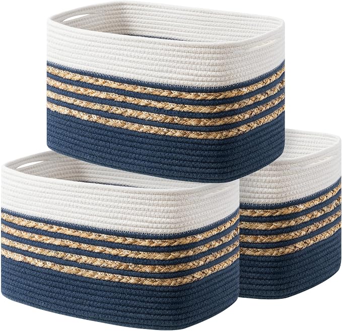 UBBCARE 3 Pack Baskets for Organizing, Woven Storage Baskets for Toys and Towel, Rectangle Cotton Rope Basket with Handles, 14''L x 8''W x9''H, Navy Blue by UBBCARE