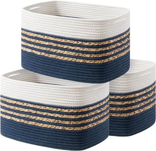 UBBCARE 3 Pack Baskets for Organizing, Woven Storage Baskets for Toys and Towel, Rectangle Cotton Rope Basket with Handles, 14''L x 8''W x9''H, Navy Blue by UBBCARE