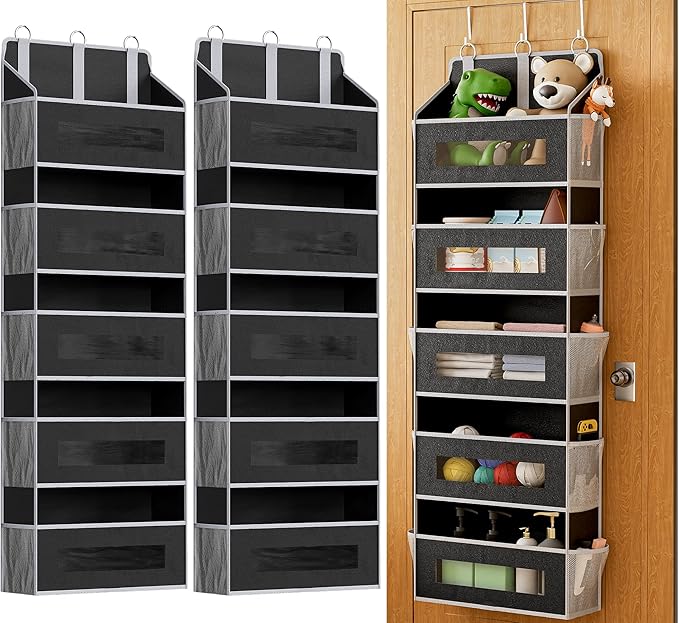 2 Pcak 5 Tier Over The Door Organizer - Large Capacity Behind Door Hanging Shelves with 10 Mesh Pockets and Clear Windows, Closet Organizers and Storage for Bathroom, Bedroom, Nursery, Black by Unknown