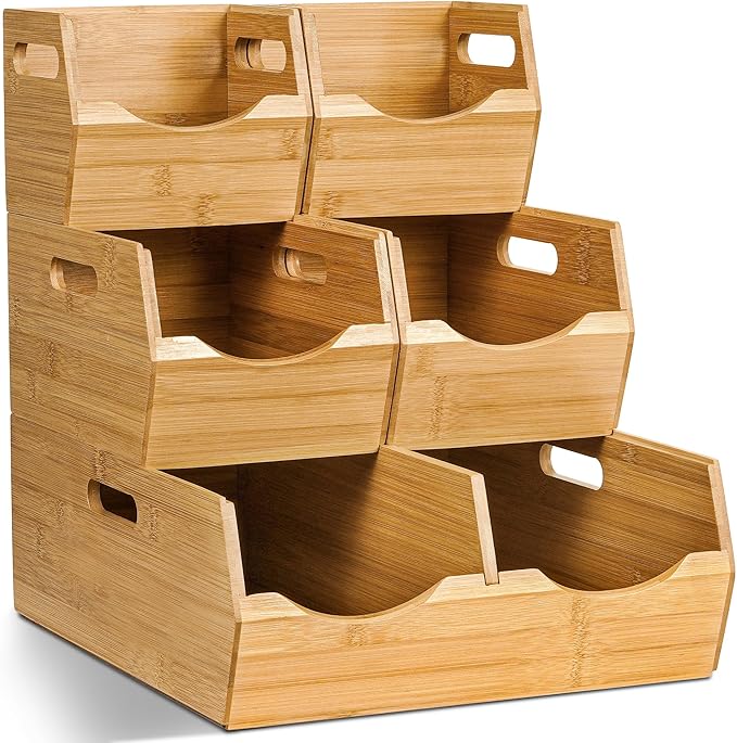3-tier Stackable Bamboo Pantry Storage Bins, Potato & Onion Storage Baskets | Upgraded Storage Basket with Handles, Removable Divider, Natural Pantry Organizer Holder for Kitchen, Cabinet, Fruit Storage by BEWBOW
