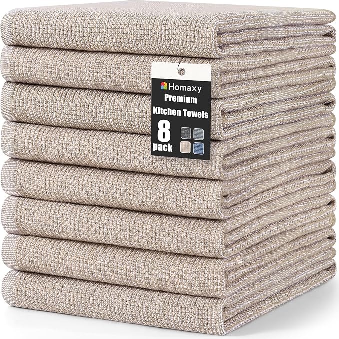 Homaxy 380 GSM Cotton Premium Kitchen Towels 8 Pack, 18"x 28", Khaki | Flat and Terry Dish Towels, Highly Absorbent Tea Towel Set with Hanging Loop, Soft Utility Kitchen Hand Towels by Homaxy