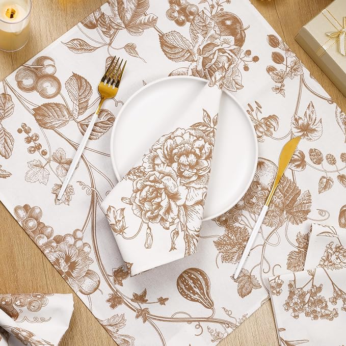 Kochorie 12 Pieces Brown Floral Cloth Napkins, 18 x 18 Inch Reusable Soft Fabric Napkins, Autumn Table Dinner Napkin for Fall Thanksgiving Tea Party Holiday Home Kitchen Wedding Restaurant - Image 4