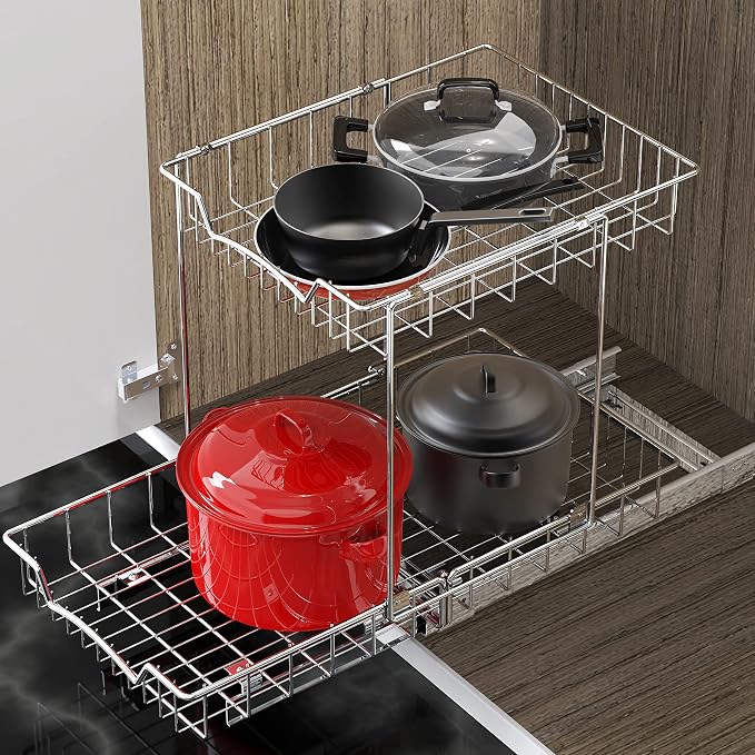 Simple Houseware 2-Tier (L+L) Pull Out Under Cabinet Sliding Shelf, Chrome | for Kitchen Organizer - Image 5