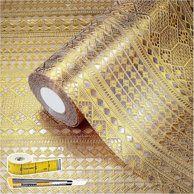 Drawer and Shelf Liner - Gold Geometric Lace Pattern,Non Adhesive | Non Slip Waterproof Easy-Clean Shelf Liner for Kitchen Cabinet, Bathroom, Pantry Storage Drawers, 17 in x 30 Ft by Kimhan