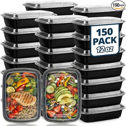 Tiya Meal Prep Containers with Lids - 150 Pack 12 oz BPA-Free Plastic Food Storage Containers Leak-Proof, Microwave, Dishwasher & Freezer Safe Reusable To-Go Boxes for Portion Control & Catering by TTIYA