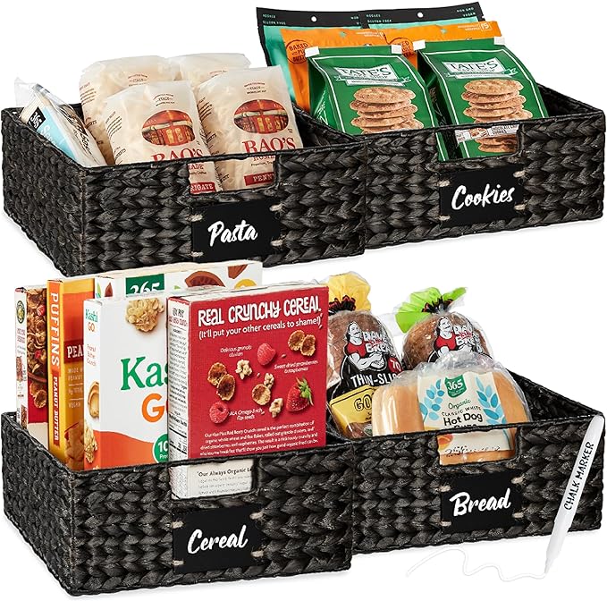 Best Choice Products Set of 4 13x12in Water Hyacinth Pantry Baskets, Woven Organizers w/Chalkboard Label, Chalk Marker - Black by Unknown