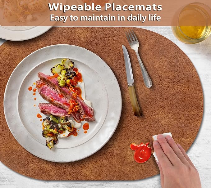 ADRIMER Placemats, Heat Resistant Oval Placemats Set of 4 Washable 12 x 17 Inch, Waterproof Table Mats, Wipeable Pu Place Mats for Kitchen, Dining Room, Turmeric Brown+Light Brown+Green+Blue - Image 4