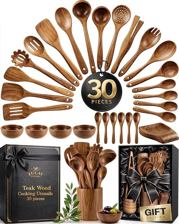 Zulay Kitchen 30-Piece Teak Wooden Utensils - Natural Teak Cooking Utensils with Premium Gift Box - Non-Stick Wooden Spoons - Kitchen Gift Set - Comfortable Grip by ZulayKitchen