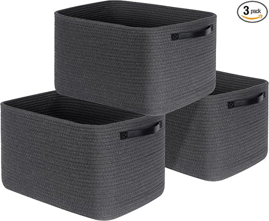 3-Pack Decorative Woven Storage Baskets for Shelves, Cube Bin Box for Organizing Books, Shoes, Dog Toys, Pantry Closet and Living Room Organizer, Charcoal / Black by MINTWOODDesign