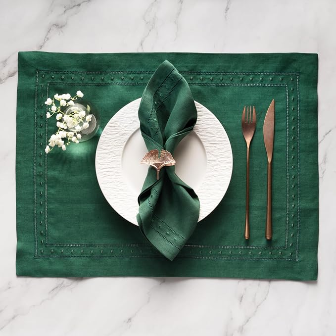 Linen Napkins Set of 4-100% Pure Linen Forest Green Embroidered Dinner Napkins 18 x 18 inch - Classic Hemstitch Cloth Napkins Washable for Winter and Christmas Decor - Image 9