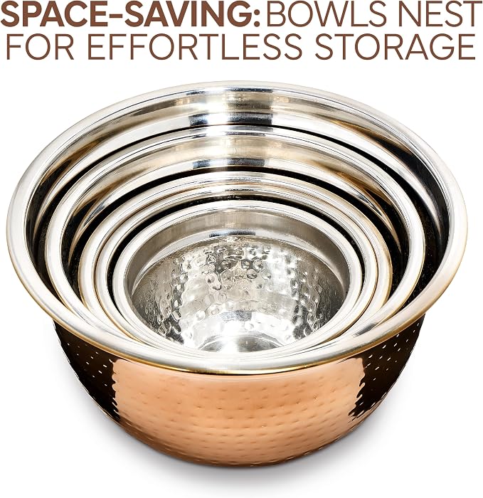COOK WITH COLOR 18 Piece Mixing Bowls Set with Airtight Lids, Handcrafted Stainless Steel Bowls, Food Storage Containers, Meal Prep, Nesting Salad Bowls For Cooking, Baking, Kitchen, Copper - Hammered - Image 4