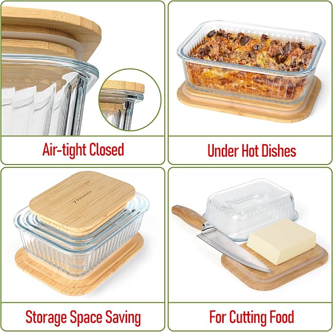 Ribbed Glass Tupperware Set with Bamboo Lids - 4 Stackable Meal Prep Containers. Durable heat resistant Inert Borosilicate Glass - Image 3