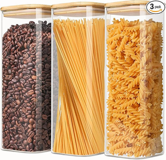 VIEWELLD 2.2 Qt Square Glass Storage Containers with Lids, Clear Food Storage Container Jar with Sealing Bamboo Lid Storage Containers for Pasta, Oats, Coffee, Flour, Sugar, Square Set-3Pack by VIEWELLD