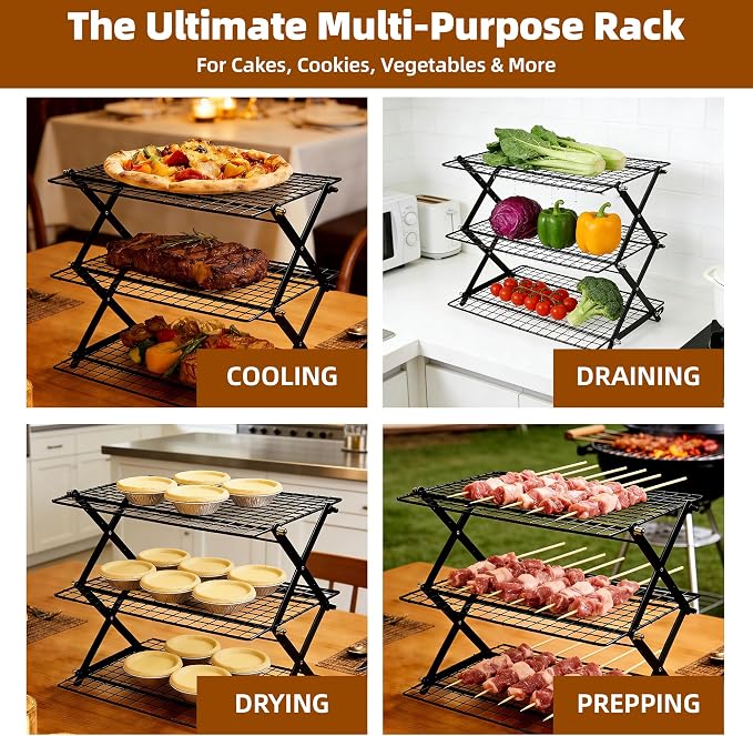 3 Tier Collapsible Cooling Rack Sourdough Cooling Rack 17"x10" | Cooling Racks for Cooking and Baking, Roasting, Grilling, Adjustable 6 Setting Design stackable, Oven & Dishwasher Safe - Image 6
