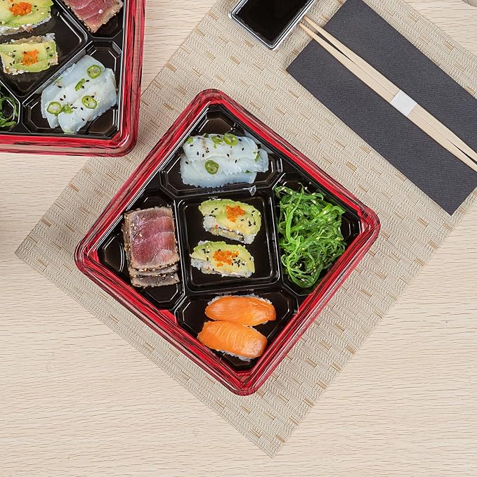 Restaurantware Bento Tek 18.6 Ounce Meal Prep Containers, 100 Disposable To Go Food Boxes - Lids Sold Separately, 5 Compartments, Red And Black Plastic Bento Lunch Boxes, Freezable, For Take Out - Image 7