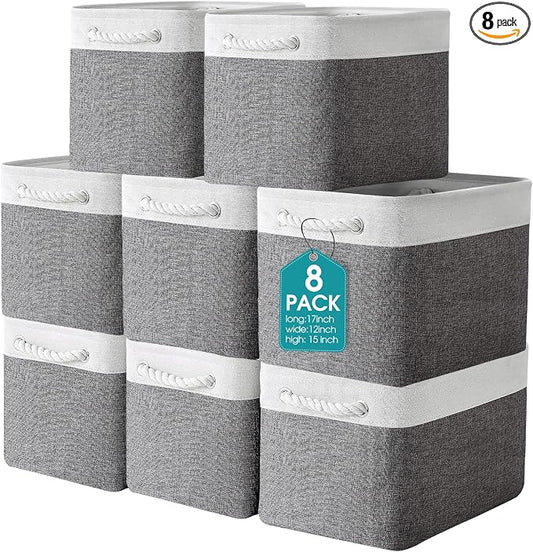 meekoo 8 Pack Collapsible Storage Bins Fabric Storage Bins Polyester Fabric Baskets with Handles Linen Closet Organizer for Shelf Home Closet Towels Toys(17 x 12 x 15 in,Gray White) by meekoo