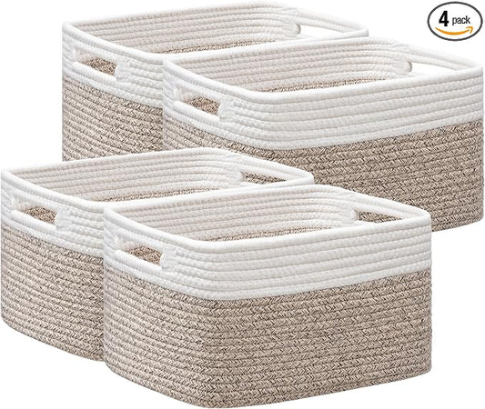 4 Pack Storage Baskets for Organizing, Woven Baskets for Shelves, White&Light Brown by UBBCARE