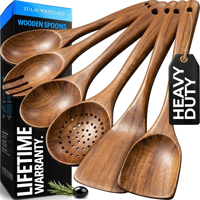 Zulay Kitchen 6 Piece Wooden Spoons for Cooking – Natural Teak Wooden Utensil Set, Easy to Clean, Durable, Smooth with Comfort Grip - Non Toxic Wooden Cooking Utensil Sets by ZulayKitchen
