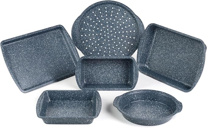 Russell Hobbs COMBO-5437 Nightfall Stone Non-Stick 6-Piece Bakeware Set – Includes Pizza Tray, Baking Tray, Roaster, Loaf Pan and Baking Tins, Durable Carbon Steel Ovenware, Oven Safe Up to 220°C by Russell+Hobbs