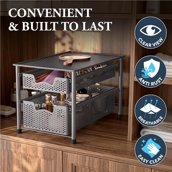 Simple Houseware Stackable 2 Tier Sliding Basket Organizer Drawer, Silver - Image 5