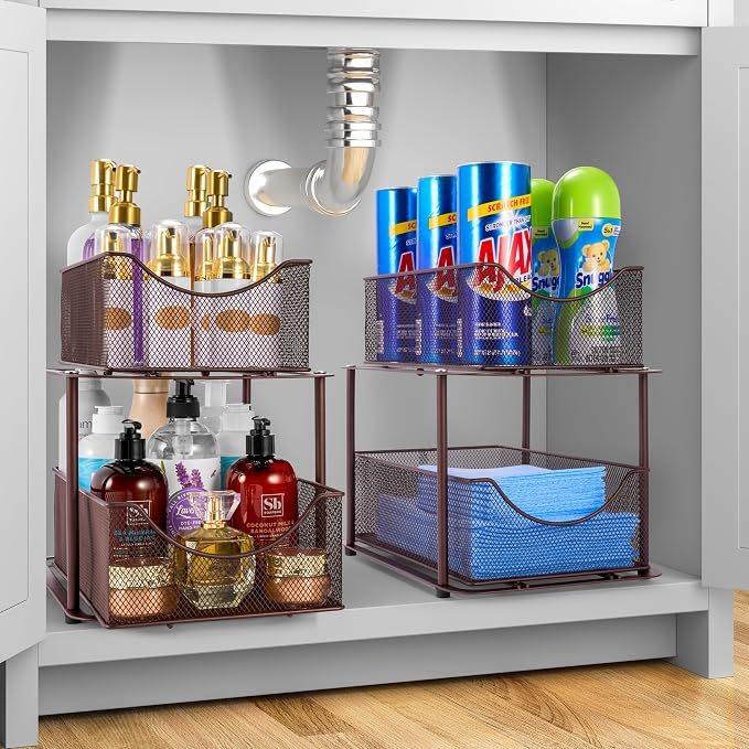 Sorbus 2 Tier Metal Under Sink Organizer for Bathroom, Kitchen, Strong Steel Mesh Sliding Drawers for Under Sink, Under Cabinet, Closet, Kitchen, Pantry, Bathroom Organizers and Storage (Brown) - Image 2