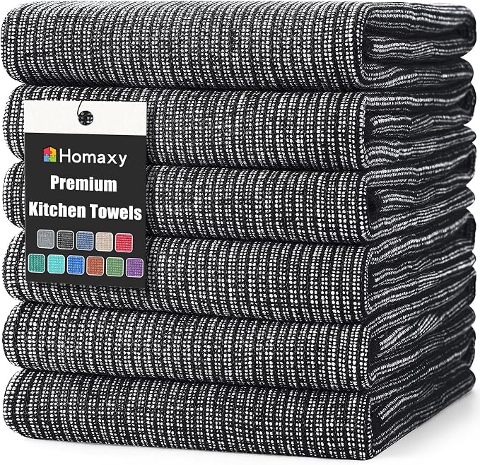 Homaxy 380 GSM Cotton Premium Kitchen Towels 6 Pack, 18"x 28", Black | Flat and Terry Dish Towels, Highly Absorbent Tea Towel Set with Hanging Loop, Soft Utility Kitchen Hand Towels by Homaxy