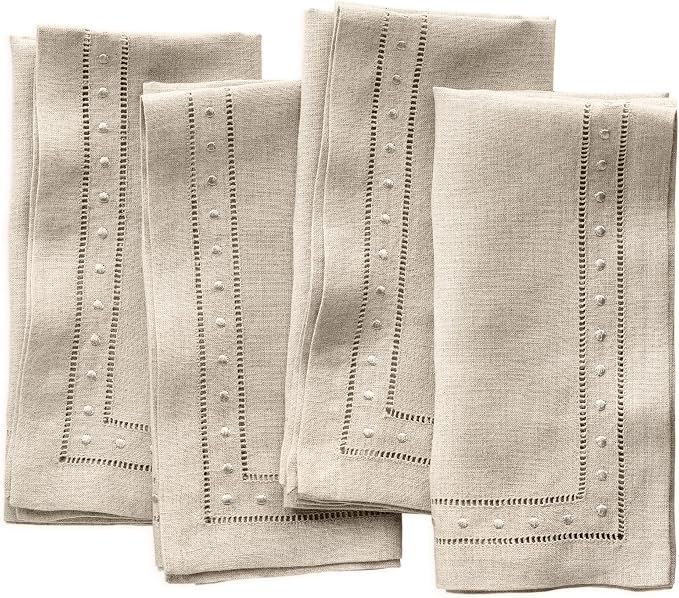 Linen Napkins Set of 4-100% Flax Linen Natural Dinner Napkins with Embroidered Dot 18 x 18 inch - Hemstitch Cloth Napkins Washable for Summer, Weddings Decor by OlucioAuthentiqueHome