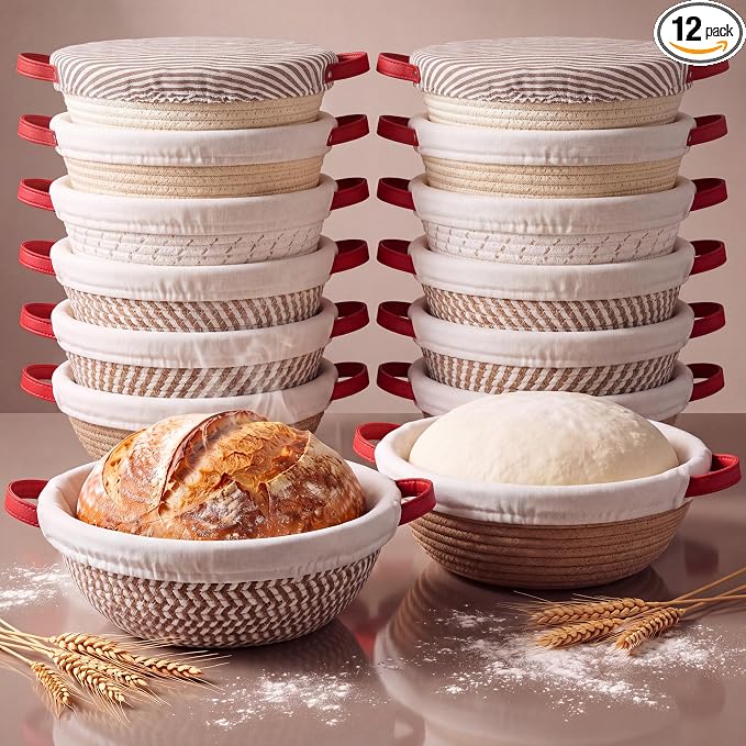 Gisafai 12 Set Banneton Bread Proofing Baskets Bulk 9 Inch Round Cotton Rope Artisan Sourdough Bread Banneton Dough Proofing Bowls with Cloth Liners and Covers for Homemade Baking Bakery by Gisafai
