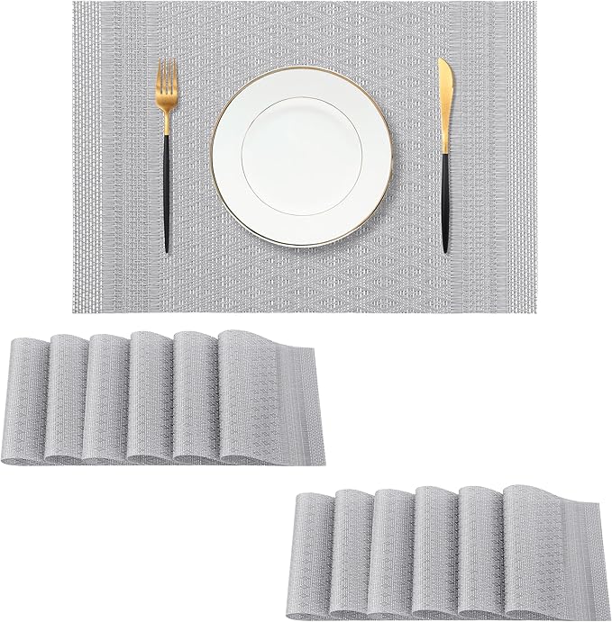 Leetaltree Lunar Grey Placemats Set of 12 - Heat Resistant Non-Slip Place mats for Dining Table, Washable Durable PVC Vinyl Woven Table Mats（Lunar Grey, 12） by Leetaltree-ArtatEveryTable