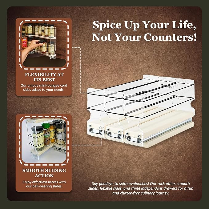 Cabinet Mounted Spice Rack Organizer - 3 Drawers,15 Reg. or 30 Half Sized Spice Jars - Pantry Organizers & Storage - Pullout Shelf for Kitchen Cupboard (6.9"W x 5.0''H x 10.6"D, Cream) - Image 2