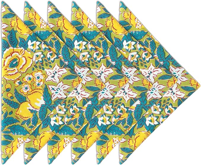 Craftbot Cotton Print Dinner Napkins 18x18 inches - Washable Cloth Napkins Set of 6 - Everyday Use or Dinner Party and Events - Green Yellow Indian Block Printed Fabric by AVKAStudio