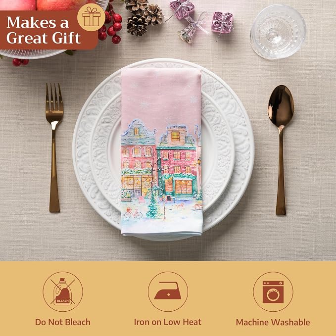 Maison d' Hermine Cloth Napkins Set of 4 Reusable 100% Cotton (20" x 20") | Everyday Square Napkins Cloth Washable Dinner Wedding Restaurant Kitchen Thanksgiving Christmas - Christmas Market - Pink - Image 5