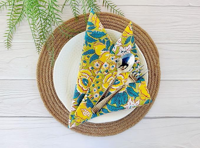 Craftbot Cotton Print Dinner Napkins 18x18 inches - Washable Cloth Napkins Set of 6 - Everyday Use or Dinner Party and Events - Green Yellow Indian Block Printed Fabric - Image 2