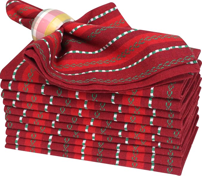 Bedding Craft Cotton Cloth Napkins Set of 12-18x18 Inch Machine Washable Dinner Napkins, Set of 12 Red Green Multi Salsa Stripe Napkins, Wedding Napkins, Cotton Cloth Napkins for Everyday Use by BeddingCraft