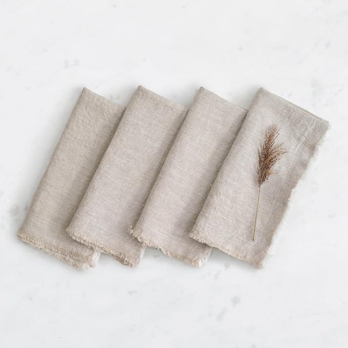Linen World Fringe Linen Dinner Napkins 18x18 Inch,Soft and Breathable 100% French Flax Cloth Napkins,Stone Washed Set of 4(Natural Fringe) by LLinenWorld