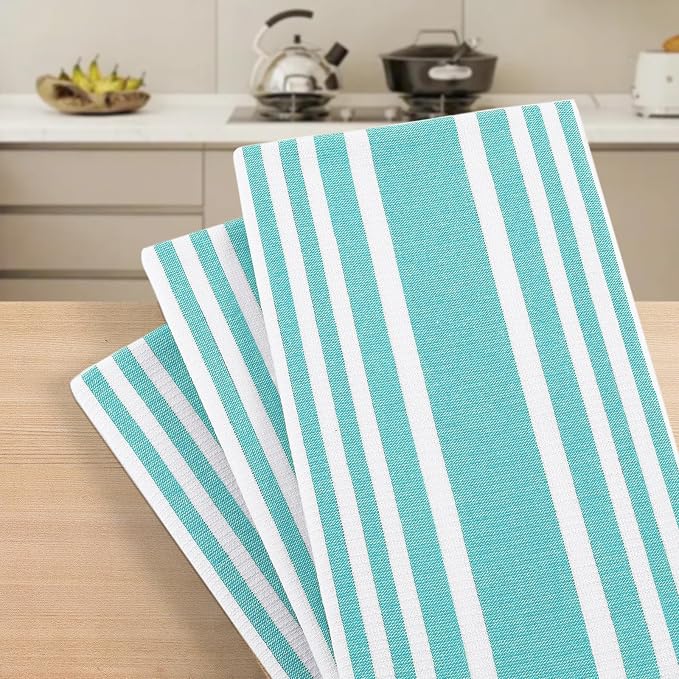 Homaxy Premium Cotton Stripe Kitchen Towels 3 Pack, 18"x 28", Teal | Large 380 GSM Kitchen Hand Towels, Soft Terry Dish Towels, Highly Absorbent Tea Towel Set with Hanging Loop - Image 7