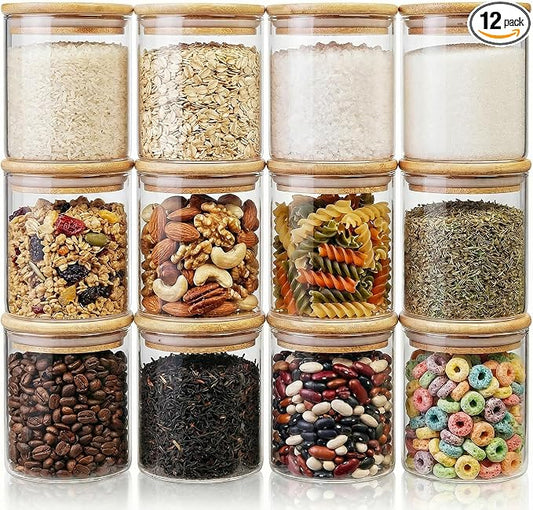 17 oz Glass Jars with Bamboo Lids, Airtight Food Storage Containers, 12Pack | Round Small Pantry Jars for Spices, Nuts & Seeds , 3mm Borosilicate Glass Canisters Keep Food Fresh, Easy to Fill & Clean by HomArtist