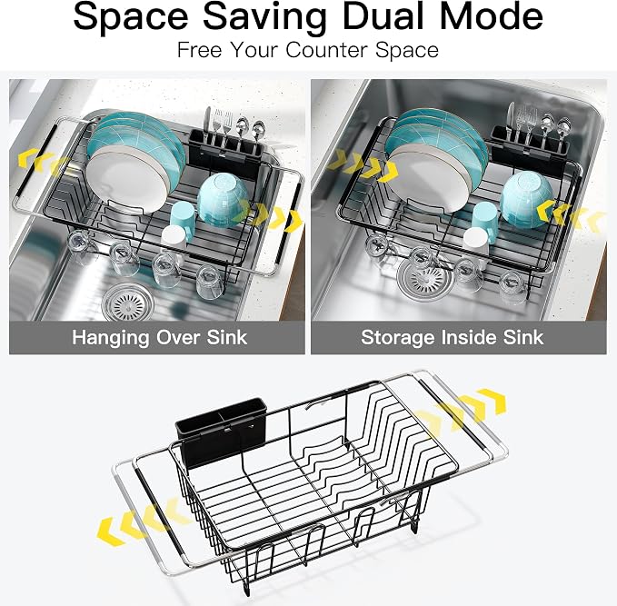 JASIWAY Black Dish Drying Rack in Sink, Dish Drainer with Utensil Holder | Over The Sink Expandable Stainless Steel Strainer Dryer Rack for Small Kitchen, Counter Space Saving, Fast Drain, Rustproof - Image 2