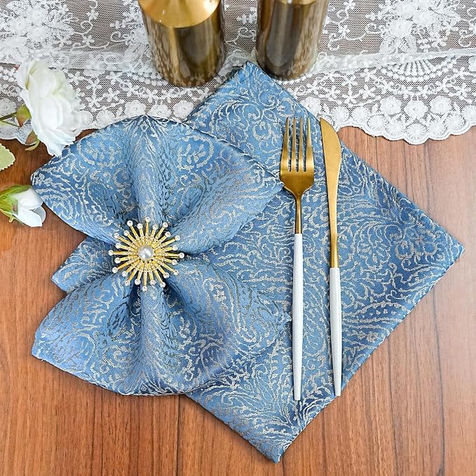 Blue Cloth Napkins Set of 4, 18 x 18 Inch Dinner Napkins | Reusable Washable Cotton Polyester Soft Luxury Elegant Fancy Jacquard Fabric Table Napkins - Image 3