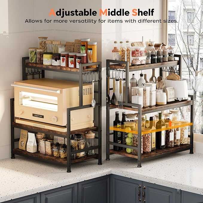 23.6"W Large Kitchen Countertop Organizer,3 Tier Spice Rack Organizer with Adjustable Shelf and 10 Hooks,Wooden Counter Organizer,Space Saving Countertop Shelf Microwave Stand for Kitchen,Coffee Bar - Image 7