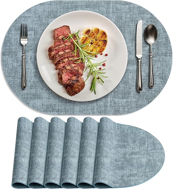 Placemats for Dining Table Set of 6 Non-Slip, Heat Resistant Oval Leather Placemat Double Layer, Waterproof Table Mats Easy to Clean for Kitchen Dining Room, Light Blue by Delicateandelegantplacemats