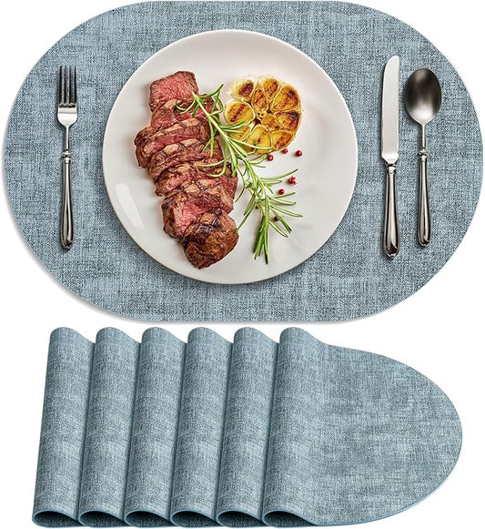 Placemats for Dining Table Set of 6 Non-Slip, Heat Resistant Oval Leather Placemat Double Layer, Waterproof Table Mats Easy to Clean for Kitchen Dining Room, Light Blue by Delicateandelegantplacemats