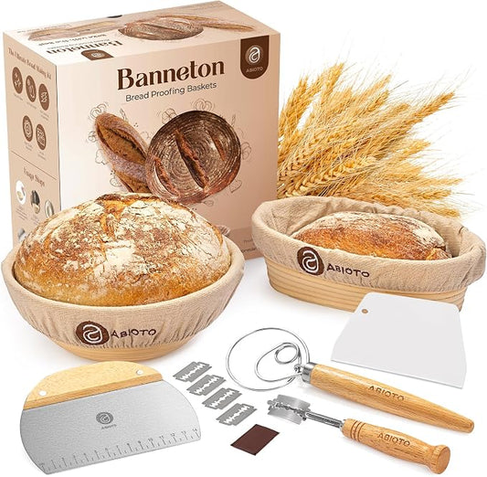 ABIOTO Sourdough Bread Proofing Baskets and Baking Supplies - 14-Piece Kit | Sourdough Bread Baking Kit - 9" Round & 10" Oval Bannetons with Liners, Lame with Blades, Danish Whisk, Dough & Bowl Scrapers by ABIOTO