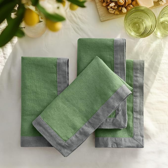 Linen World 100% French Linen Napkins Set of 4,20 x 20 Inch Double Layer Cloth Napkins,Washable Heavyweight for Holiday Dining Kitchen Decor,Grass Green with Slate Gray Contrast Border by LLinenWorld