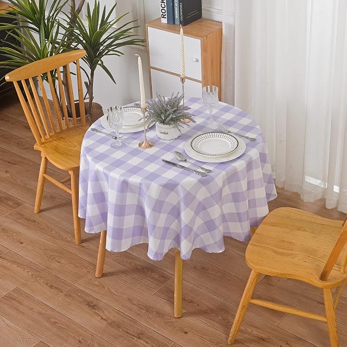 Cupuamon 2 Pack Waterproof Polyester Fabic Round Checkered Tablecloth，60 Outdoor Table Cloth，Oil Stain Prevention Table Cloth for Pinics and Parties（Lavender and White） by Cupuamon