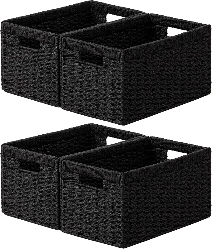 joybest Black Wicker Baskets for Shelves, Hand-woven Storage Baskets | 13.4L x 8.3W x 7.1H inch for Pantry, Kichen Organizing, Foldable Rectangular Bin with Handles, 4-pack by joybest